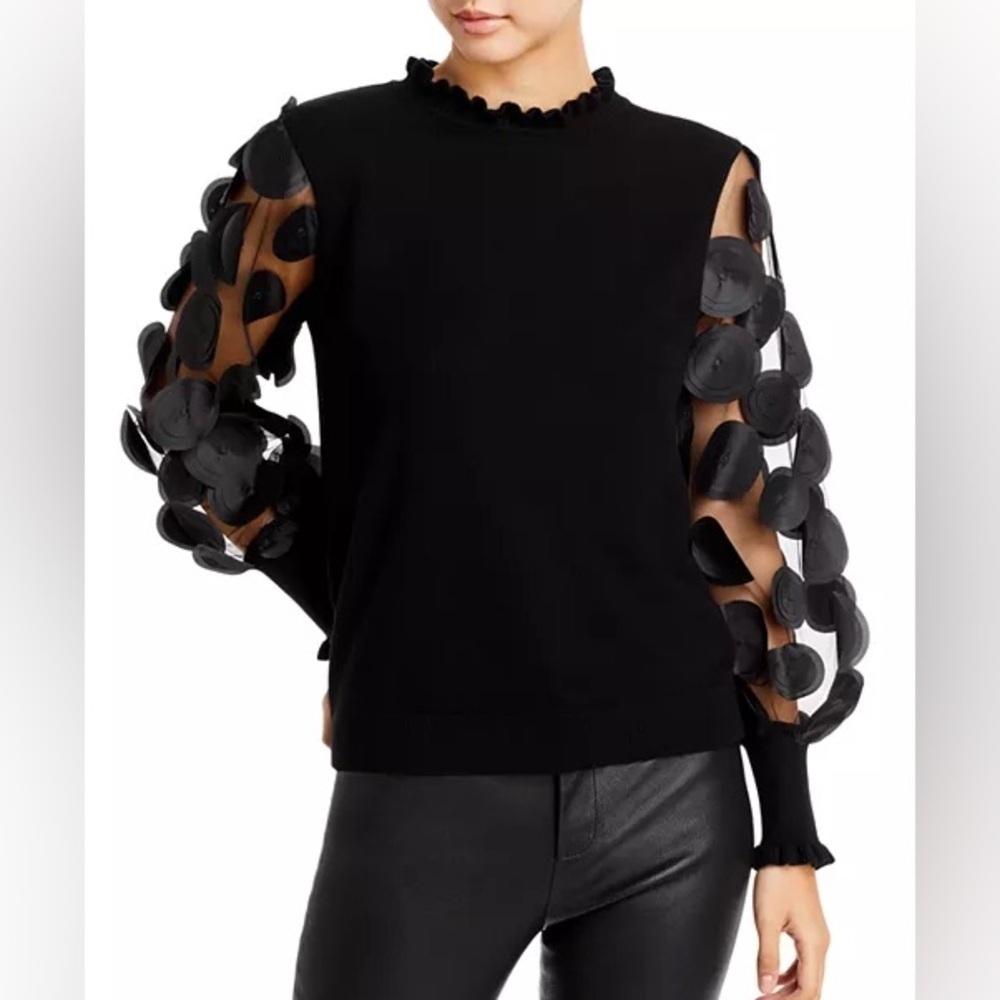 NWT Sioni Mixed Media Long Sleeve Ruffled Neck Sweater in Black Size Large